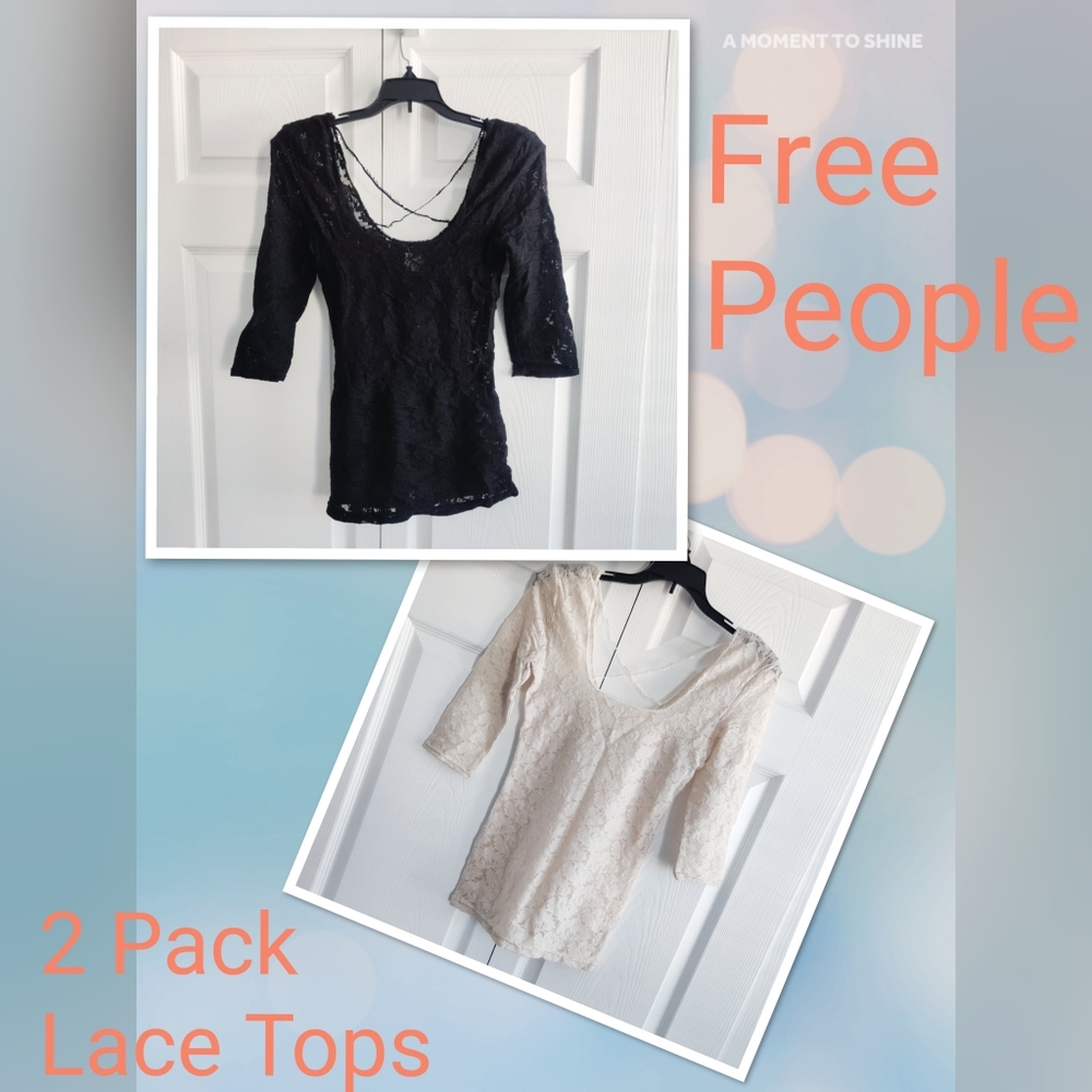 2 Pack Free People Intimately Lace Scoop Neck Tops - Beige + Black XS and S